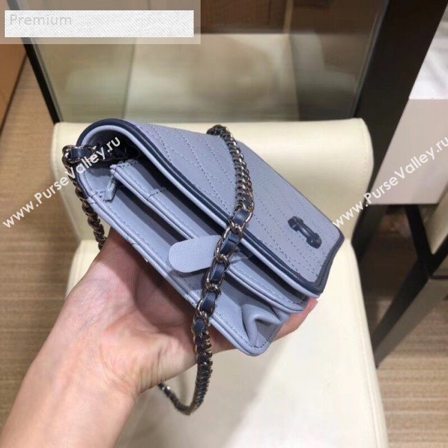 Chanel Contrasting Trim Quilted Lambskin Flap Wallet on Chain WOC AP0059 Light Gray 2019 (SMJD-9070123)