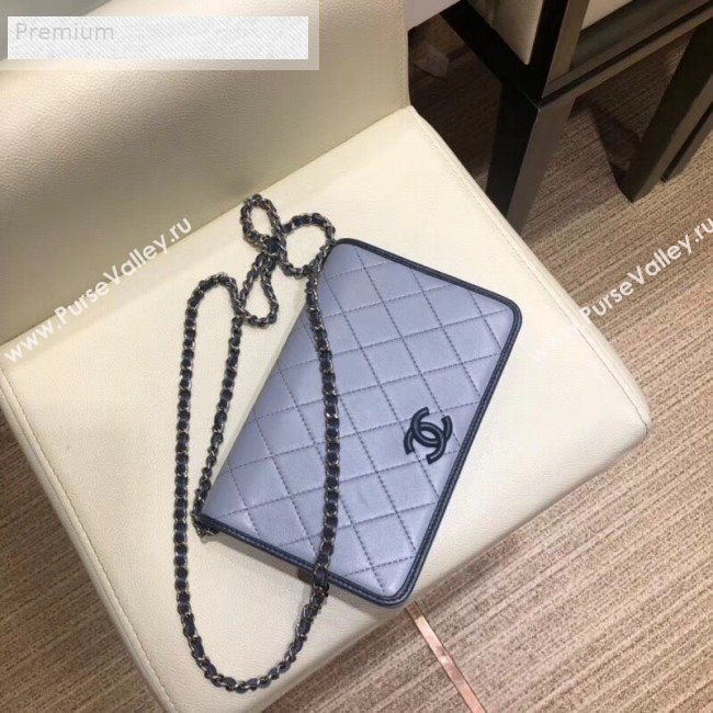 Chanel Contrasting Trim Quilted Lambskin Flap Wallet on Chain WOC AP0059 Light Gray 2019 (SMJD-9070123)