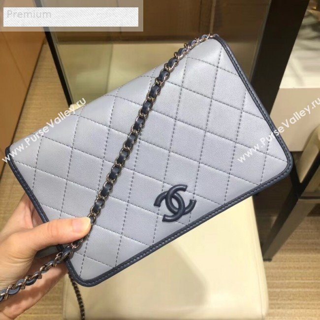 Chanel Contrasting Trim Quilted Lambskin Flap Wallet on Chain WOC AP0059 Light Gray 2019 (SMJD-9070123)