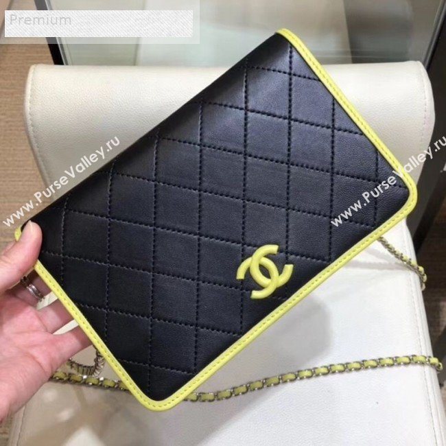 Chanel Contrasting Trim Quilted Lambskin Flap Wallet on Chain WOC AP0059 Black 2019 (SMJD-9070124)