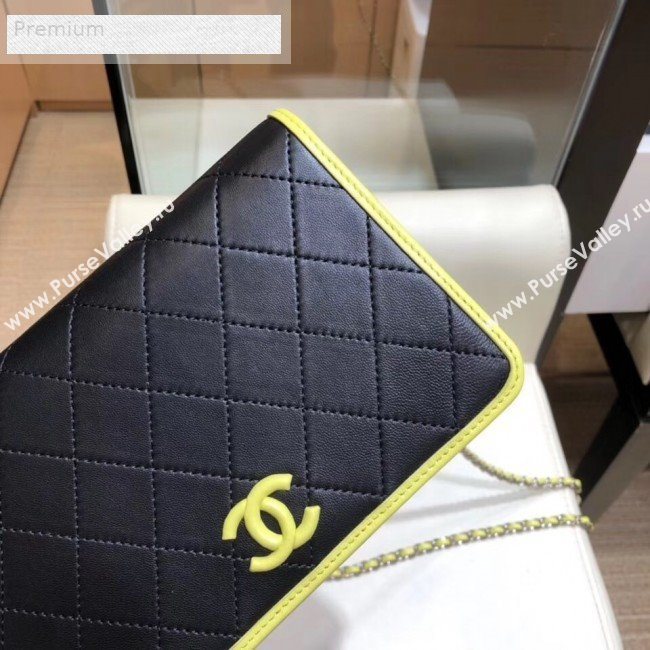 Chanel Contrasting Trim Quilted Lambskin Flap Wallet on Chain WOC AP0059 Black 2019 (SMJD-9070124)