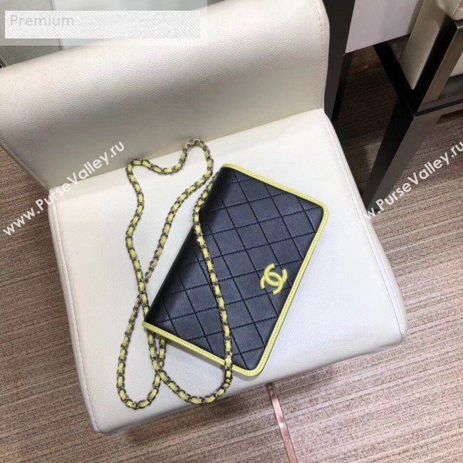 Chanel Contrasting Trim Quilted Lambskin Flap Wallet on Chain WOC AP0059 Black 2019 (SMJD-9070124)