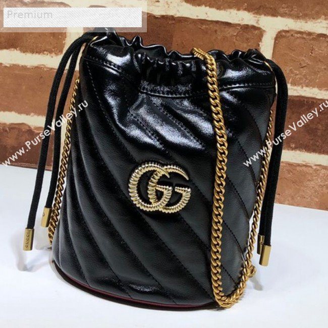 Gucci GG Diagonal Marmont Leather Mini Bucket Bag 575163 Black/Red 2019 (DLH-9070205)