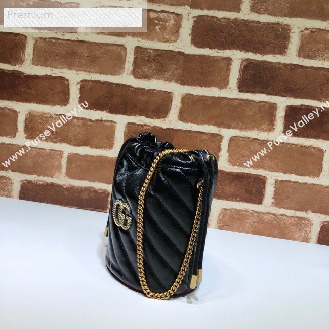 Gucci GG Diagonal Marmont Leather Mini Bucket Bag 575163 Black/Red 2019 (DLH-9070205)