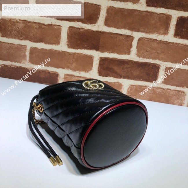 Gucci GG Diagonal Marmont Leather Mini Bucket Bag 575163 Black/Red 2019 (DLH-9070205)