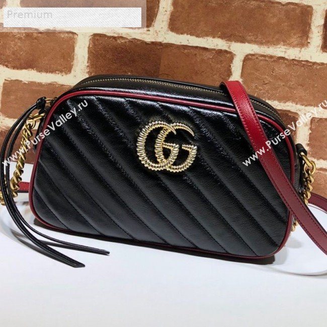 Gucci GG Diagonal Marmont Leather Small Shoulder Bag 447632 Black/Red 2019 (DLH-9070209)