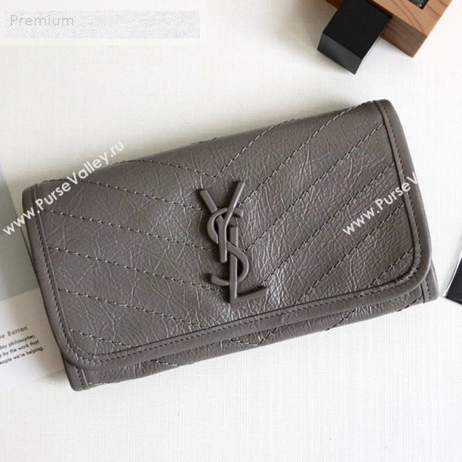 Saint Laurent Niki Large Flap Wallet in Crinkled Vintage Leather 583552 Light Grey 2019 (KTSD-9070304)