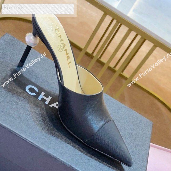 Chanel Leather Pointed Toe Pearl High-Heel Mules Black 2019 (1054-9070309)