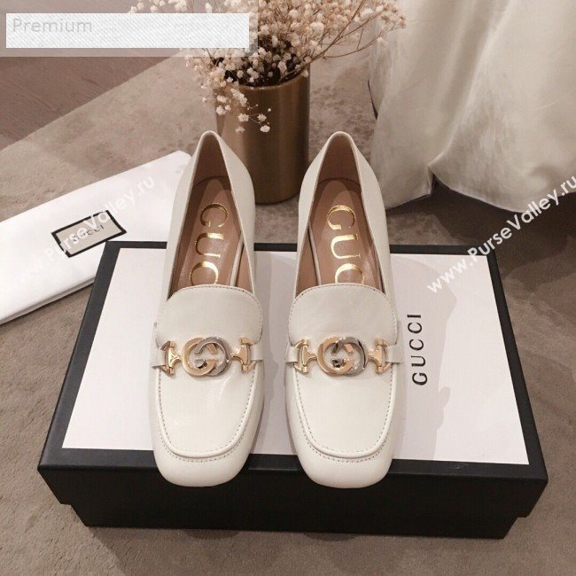 Gucci G Horsebit Zumi Leather Mid-heel Loafer Pump 575832 White 2019 (HUANGZ-9070346)