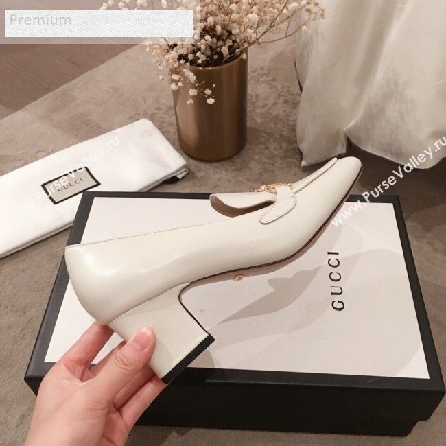 Gucci G Horsebit Zumi Leather Mid-heel Loafer Pump 575832 White 2019 (HUANGZ-9070346)