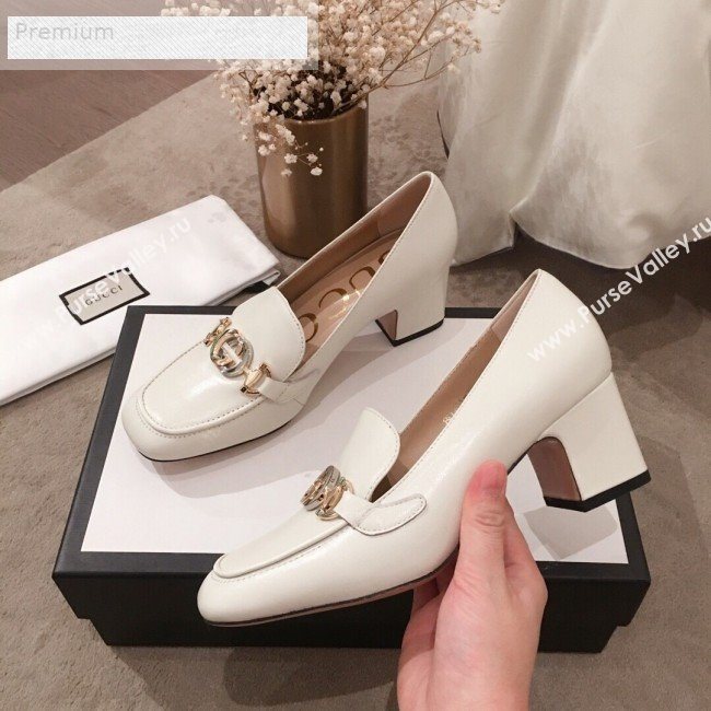 Gucci G Horsebit Zumi Leather Mid-heel Loafer Pump 575832 White 2019 (HUANGZ-9070346)