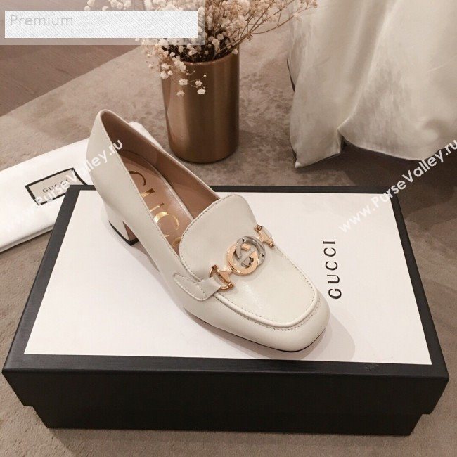 Gucci G Horsebit Zumi Leather Mid-heel Loafer Pump 575832 White 2019 (HUANGZ-9070346)