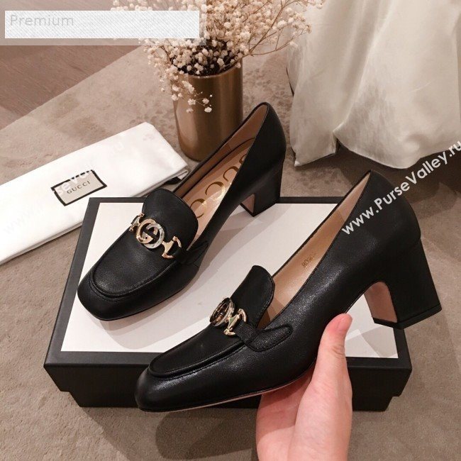 Gucci G Horsebit Zumi Leather Mid-heel Loafer Pump 575832 Black 2019 (HUANGZ-9070347)