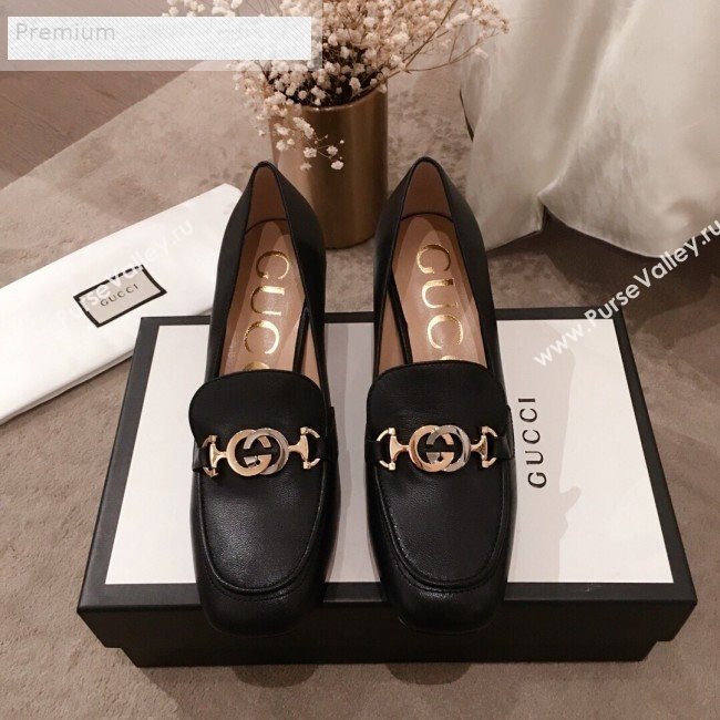 Gucci G Horsebit Zumi Leather Mid-heel Loafer Pump 575832 Black 2019 (HUANGZ-9070347)