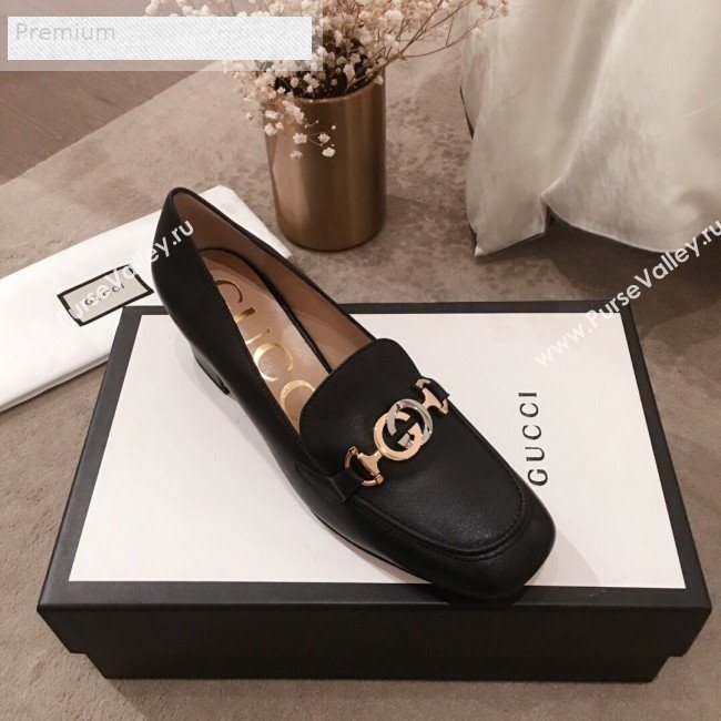 Gucci G Horsebit Zumi Leather Mid-heel Loafer Pump 575832 Black 2019 (HUANGZ-9070347)