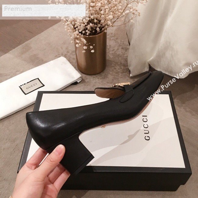 Gucci G Horsebit Zumi Leather Mid-heel Loafer Pump 575832 Black 2019 (HUANGZ-9070347)