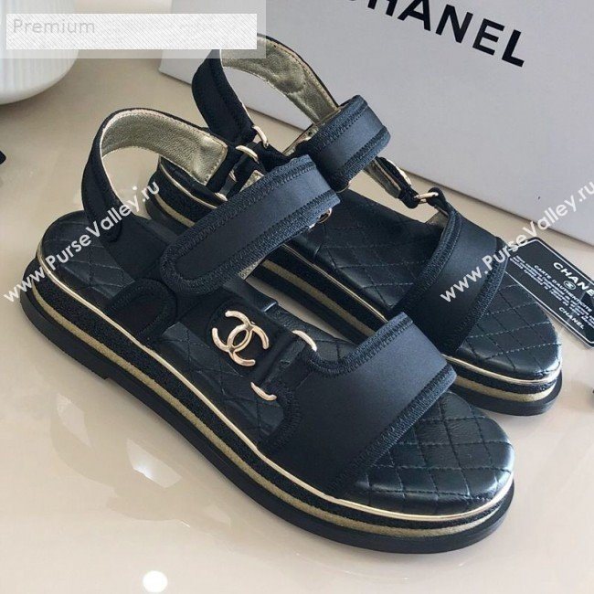 Chanel CC Buckle Side Silk Flat Sandals Black 2019 (DLY-9070424)