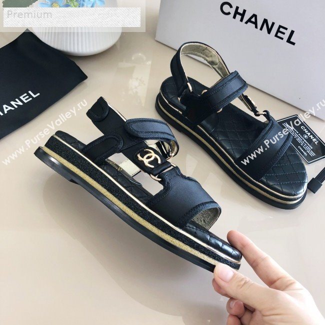 Chanel CC Buckle Side Silk Flat Sandals Black 2019 (DLY-9070424)