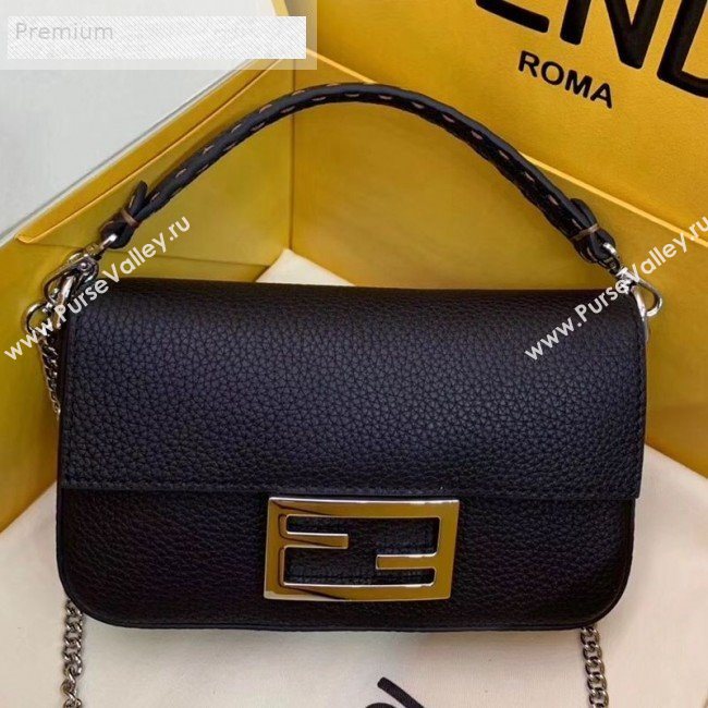 Fendi Litchi Grained Calfskin Mini Baguette Flap Shoulder Bag Black 2019 (AFEI-9070233)