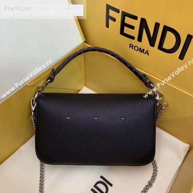 Fendi Litchi Grained Calfskin Mini Baguette Flap Shoulder Bag Black 2019 (AFEI-9070233)