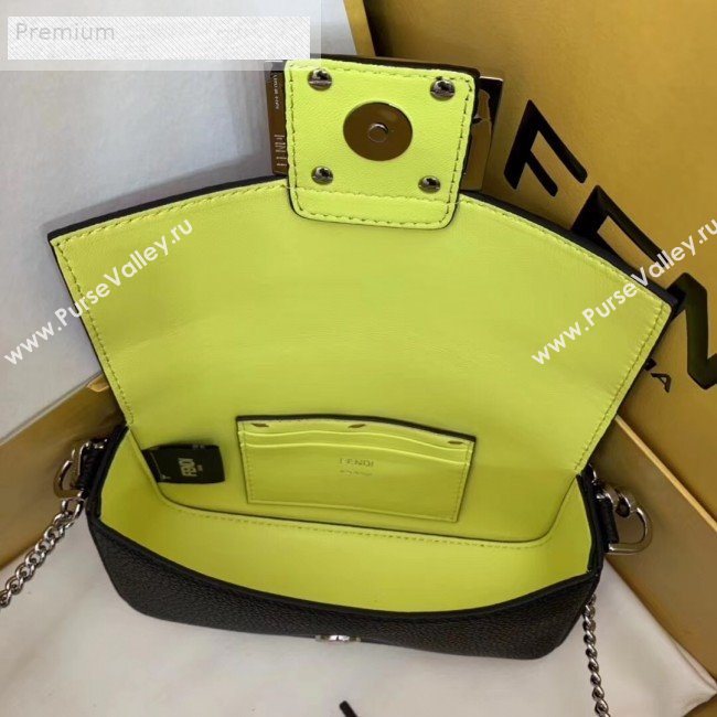 Fendi Litchi Grained Calfskin Mini Baguette Flap Shoulder Bag Black 2019 (AFEI-9070233)