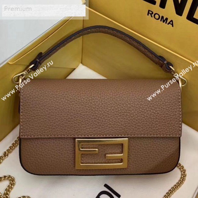 Fendi Litchi Grained Calfskin Mini Baguette Flap Shoulder Bag Brown 2019 (AFEI-9070235)