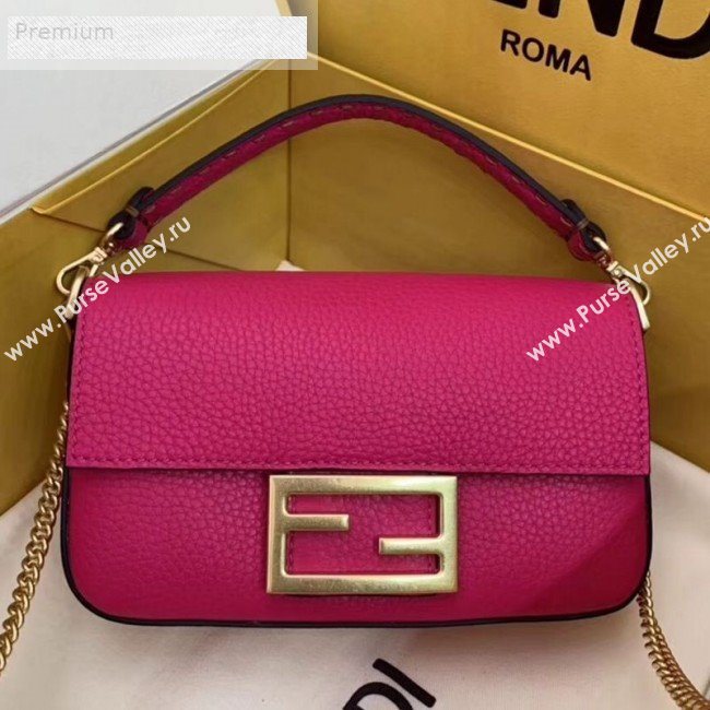 Fendi Litchi Grained Calfskin Mini Baguette Flap Shoulder Bag Hot Pink 2019 (AFEI-9070236)