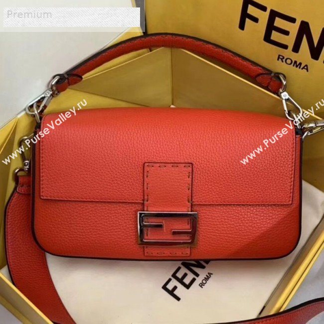 Fendi Litchi Grained Calfskin Medium Baguette Flap Shoulder Bag Orange Red 2019 (AFEI-9070237)
