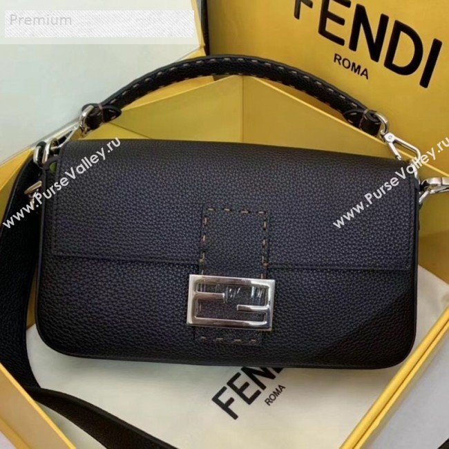 Fendi Litchi Grained Calfskin Medium Baguette Flap Shoulder Bag Black 2019 (AFEI-9070238)