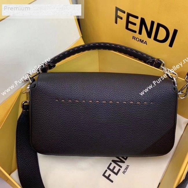 Fendi Litchi Grained Calfskin Medium Baguette Flap Shoulder Bag Black 2019 (AFEI-9070238)