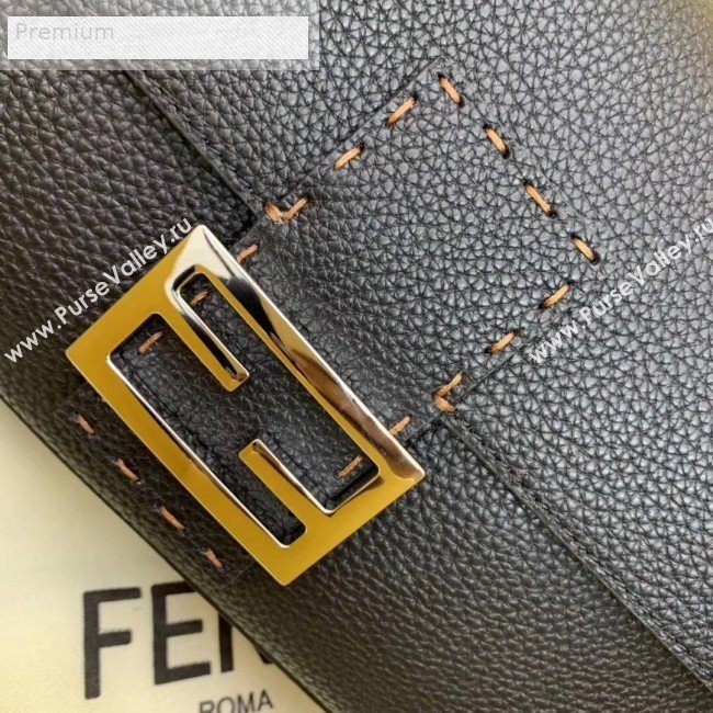 Fendi Litchi Grained Calfskin Medium Baguette Flap Shoulder Bag Black 2019 (AFEI-9070238)