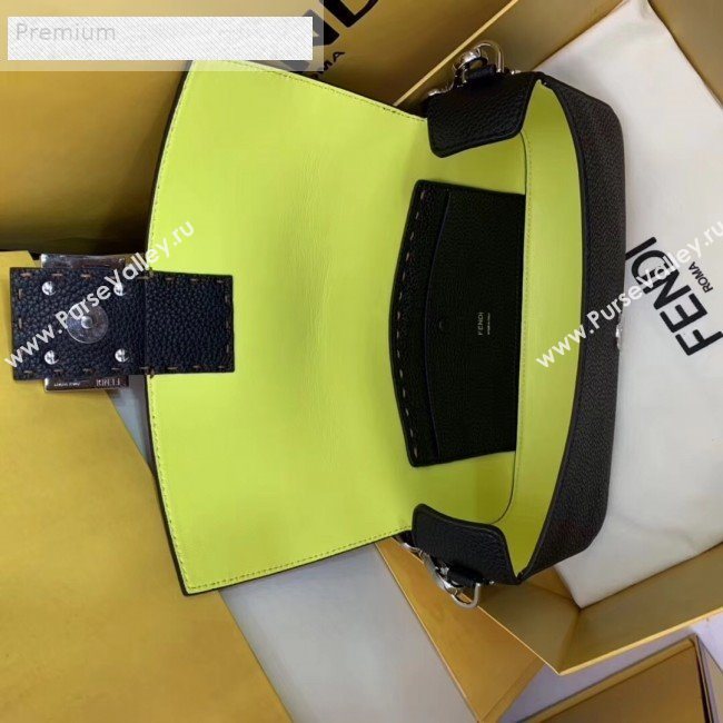 Fendi Litchi Grained Calfskin Medium Baguette Flap Shoulder Bag Black 2019 (AFEI-9070238)