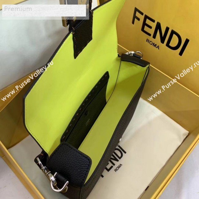 Fendi Litchi Grained Calfskin Medium Baguette Flap Shoulder Bag Black 2019 (AFEI-9070238)