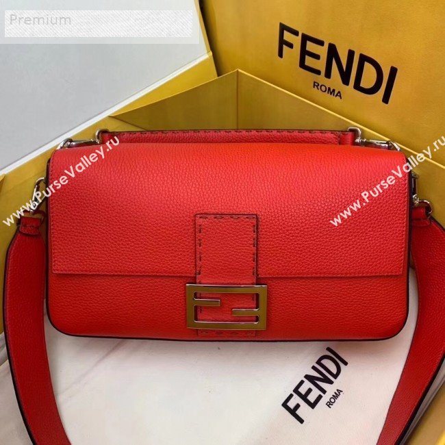 Fendi Litchi Grained Calfskin Large Baguette Flap Shoulder Bag Orange Red 2019 (AFEI-9070239)