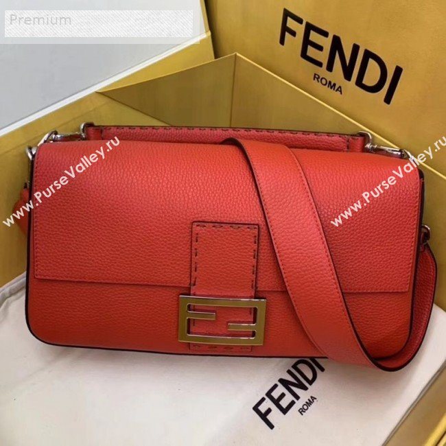 Fendi Litchi Grained Calfskin Large Baguette Flap Shoulder Bag Orange Red 2019 (AFEI-9070239)