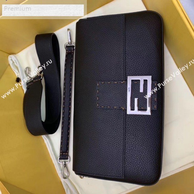 Fendi Litchi Grained Calfskin Large Baguette Flap Shoulder Bag Black 2019 (AFEI-9070240)