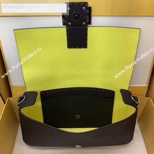 Fendi Litchi Grained Calfskin Large Baguette Flap Shoulder Bag Black 2019 (AFEI-9070240)