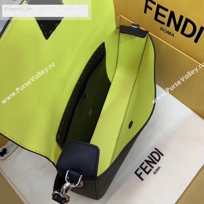 Fendi Litchi Grained Calfskin Large Baguette Flap Shoulder Bag Black 2019 (AFEI-9070240)