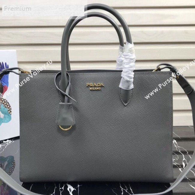 Prada Contrasting Side Saffiano Leather Large Tote 1BA153 Steel Grey 2019 (PYZ-9070259)