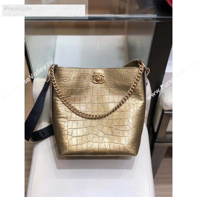 Chanel Crocodile Embossed Leather Bucket Bag with Button Side AS0666 Gold 2019 (SMJD-9070621)