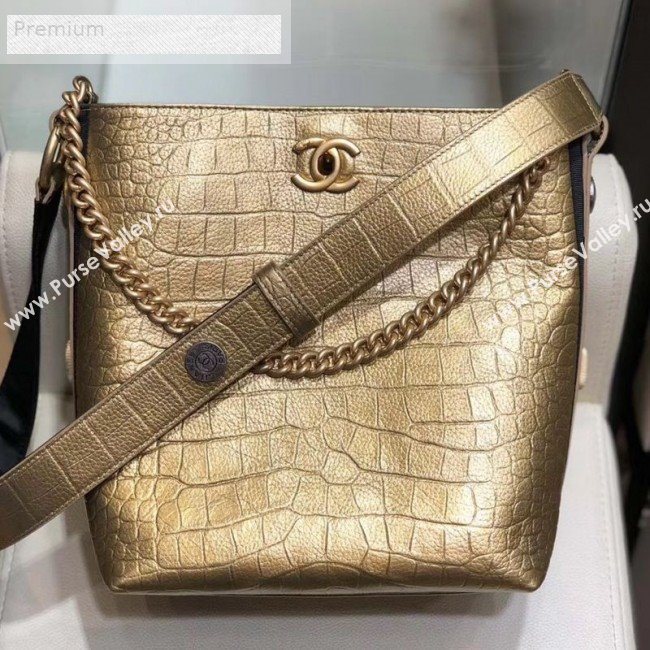 Chanel Crocodile Embossed Leather Bucket Bag with Button Side AS0666 Gold 2019 (SMJD-9070621)