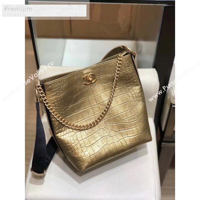 Chanel Crocodile Embossed Leather Bucket Bag with Button Side AS0666 Gold 2019 (SMJD-9070621)