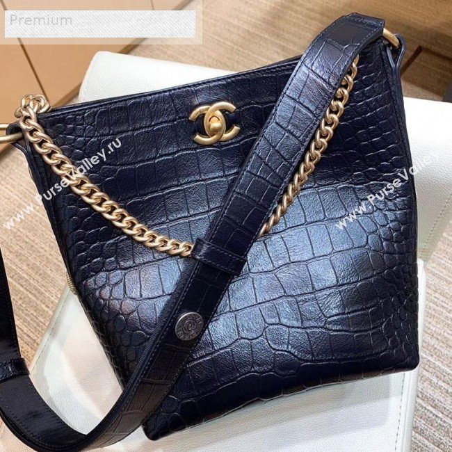 Chanel Crocodile Embossed Leather Bucket Bag with Button Side AS0666 Black 2019 (SMJD-9070622)
