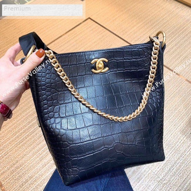 Chanel Crocodile Embossed Leather Bucket Bag with Button Side AS0666 Black 2019 (SMJD-9070622)