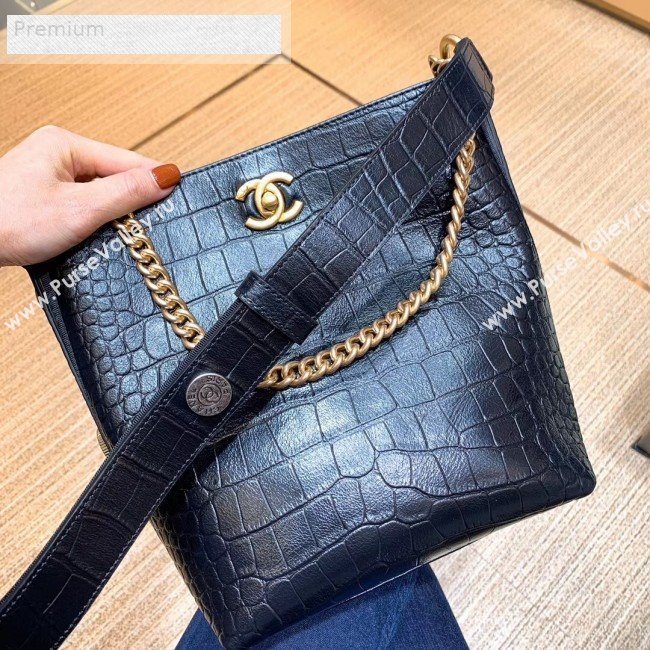 Chanel Crocodile Embossed Leather Bucket Bag with Button Side AS0666 Black 2019 (SMJD-9070622)