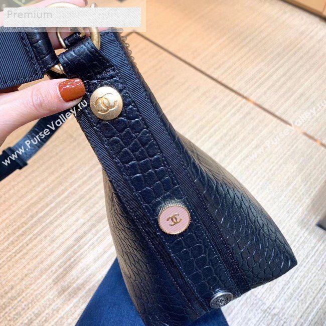 Chanel Crocodile Embossed Leather Bucket Bag with Button Side AS0666 Black 2019 (SMJD-9070622)