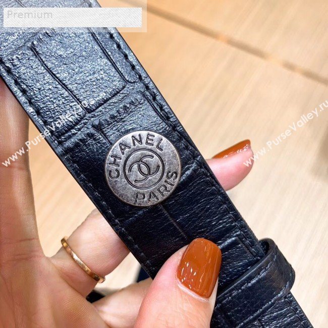 Chanel Crocodile Embossed Leather Bucket Bag with Button Side AS0666 Black 2019 (SMJD-9070622)