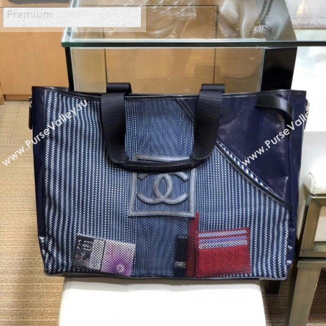 Chanel Mesh Canvas and PVC Small Shopping Tote Bag Navy Blue 2019 (SMJD-9070625)