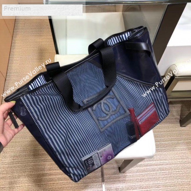 Chanel Mesh Canvas and PVC Small Shopping Tote Bag Navy Blue 2019 (SMJD-9070625)