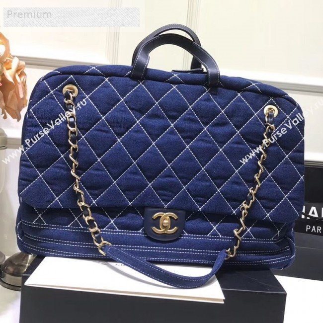 Chanel Quilted Denim Boarding Package Luggage Top Handle Bag Blue 2019 (JIY-9070629)